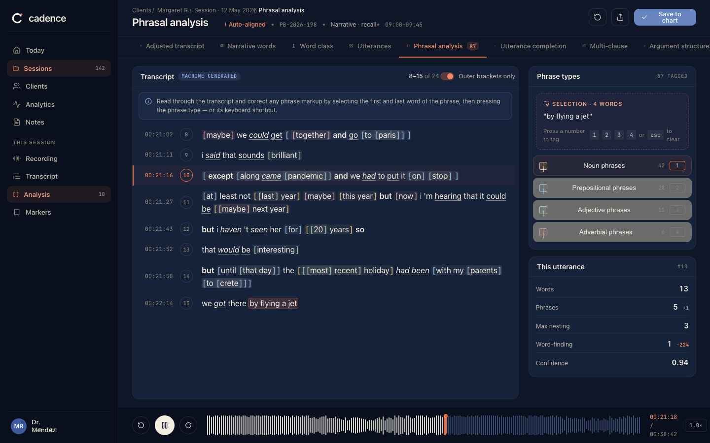 Cadence phrasal analysis workspace: transcript with phrase brackets alongside a phrase-types panel and audio waveform