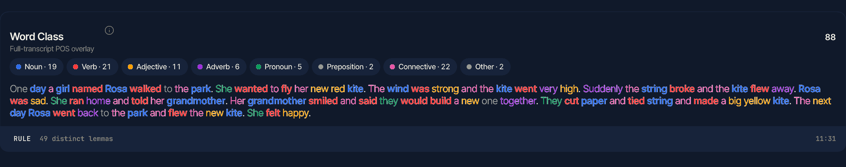 Cadence word-class overlay strip showing a transcript coloured by part of speech