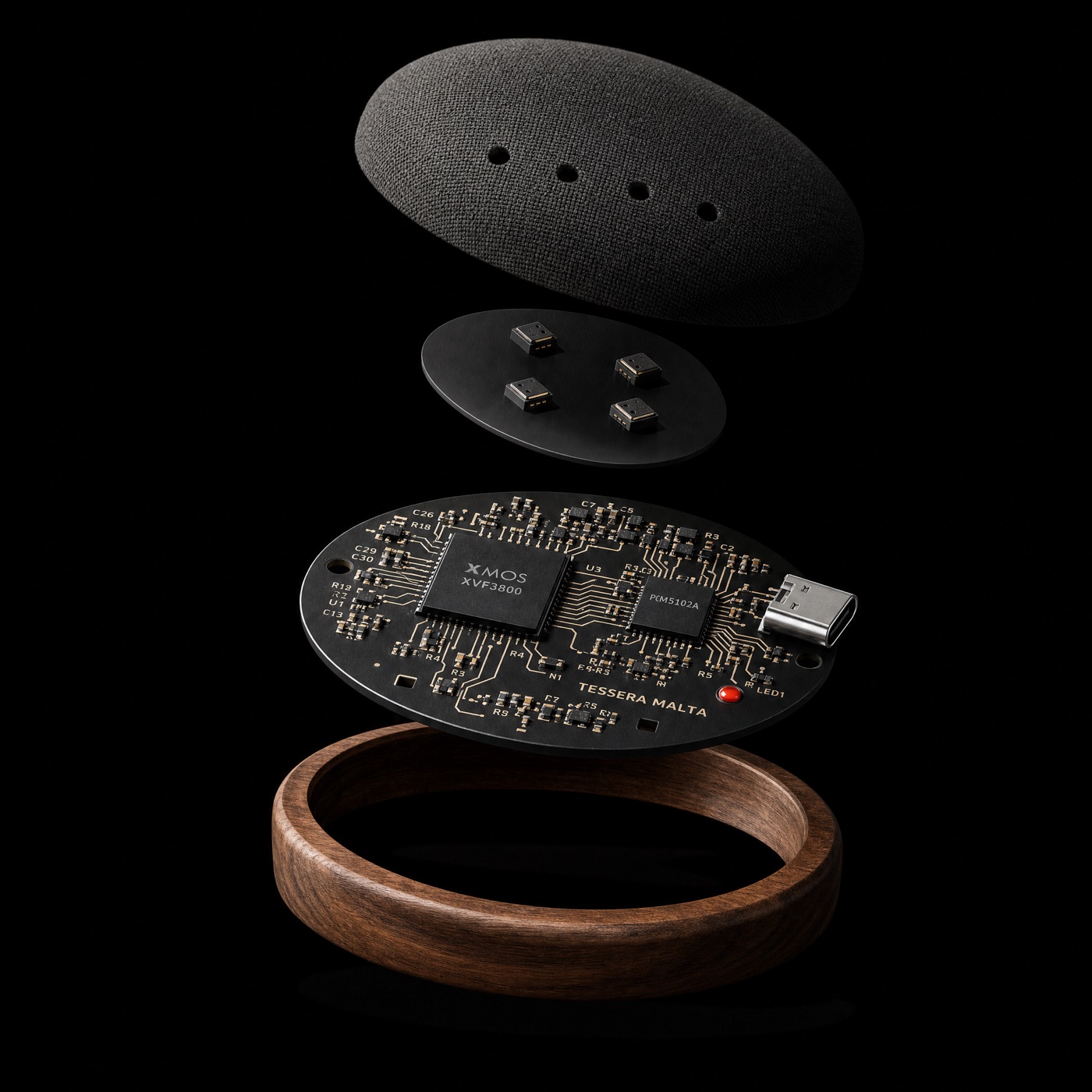 Exploded view of Hank's internals: the fabric lid with its port circle, a tilted disc of four MEMS microphones, a circuit board marked XMOS XVF3800 and PCM5102A with TESSERA MALTA silkscreened beside a single red node, and the walnut base ring